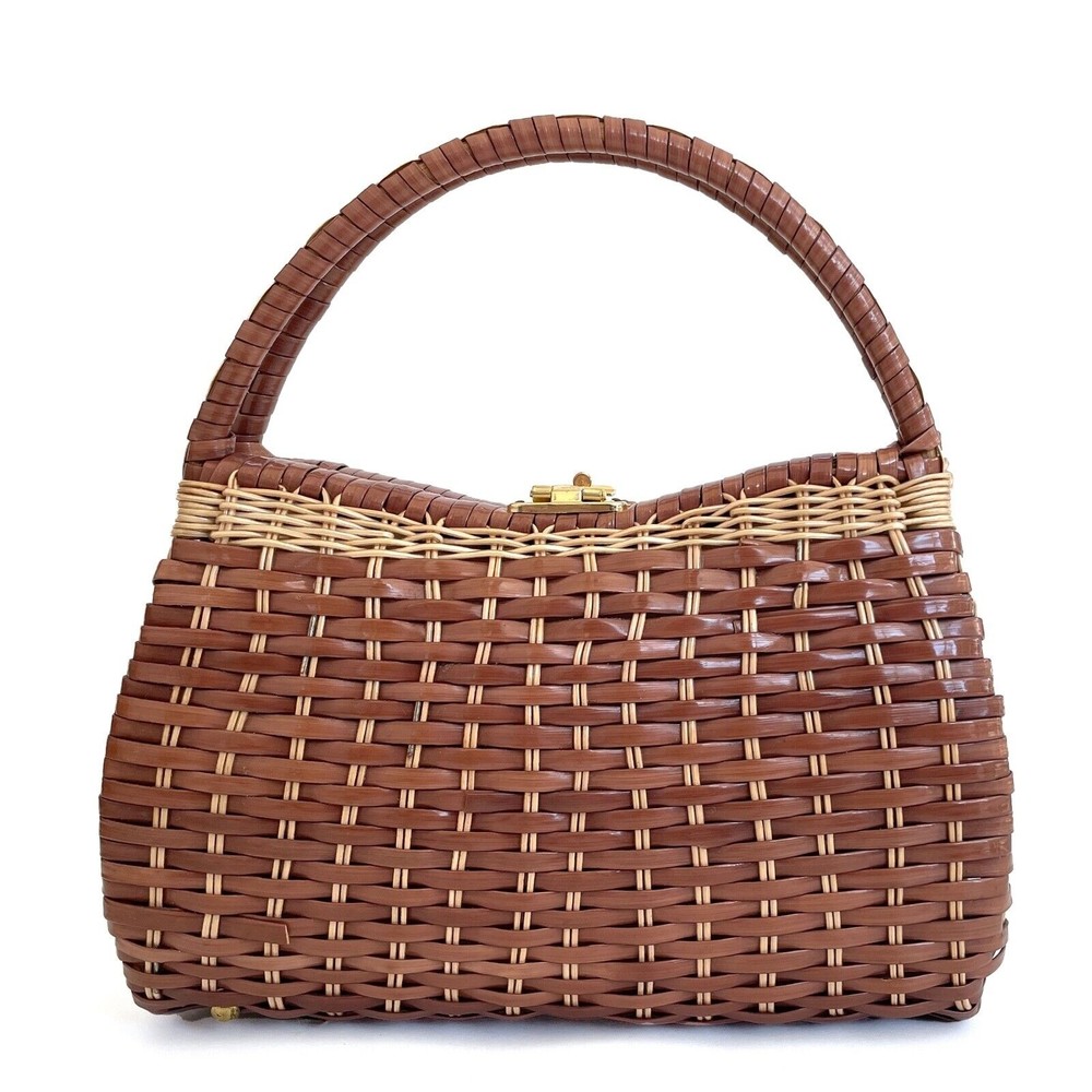 Vintage Brown Woven Hard Case Handbag Bag Purse Satchel Double Handle -Hong Kong